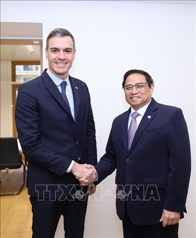 Vietnamese Prime Minister Pham Minh Chinh meets with his Spanish counterpart Pedro Sánchez Pérez-Castejón in Brussels, Belgium, on December 14. VNA Photo: Dương Giang