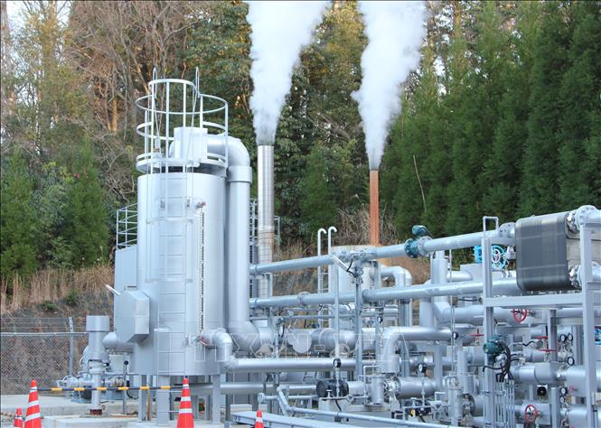 Trong ảnh: Nhà máy sản xuất khí hydro sạch từ địa nhiệt của Tập đoàn Obayashi ở tỉnh Oita (Nhật Bản). Ảnh: Đào Thanh Tùng - Phóng viên TTXVN tại Tokyo