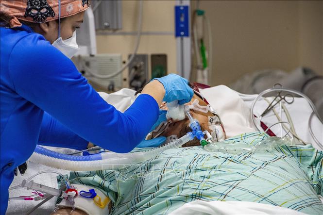 Trong ảnh: Điều trị cho bệnh nhân nhiễm COVID-19 tại bệnh viện ở  Hartford, bang Connecticut , Mỹ. Ảnh: AFP/TTXVN