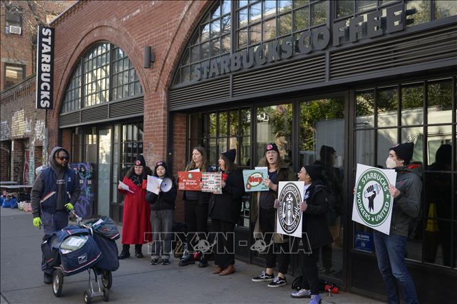 Trong ảnh: Nhân viên tại một cửa hàng thuộc chuỗi cà phê Starbucks tham gia đình công ở Brooklyn, New York City (Mỹ) ngày 17/11/2022. Ảnh: AFP/TTXVN