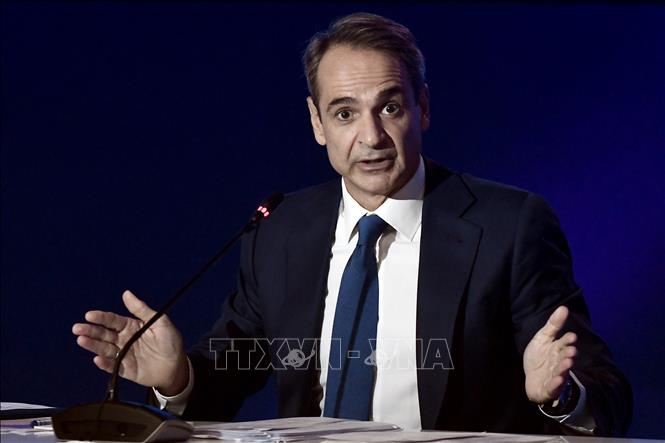 Trong ảnh: Thủ tướng Hy Lạp Kyriakos Mitsotakis phát biểu tại cuộc họp báo ở Thessaloniki, Hy Lạp. Ảnh: AFP/TTXVN
