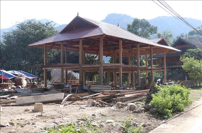 Trong ảnh: Nhiều hộ gia đình người Thái ở bản Nậm Hẹ 2 (xã Hẹ Muông, huyện Điện Biên, tỉnh Điện Biên) xây nhà sàn mới. Ảnh: Xuân Tiến – TTXVN 