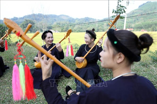 Các thành viên câu lạc bộ đàn tính hát then Hương Hồi, xã Hội Hoan luyện tập cho nhau những làn điệu then của dân tộc Tày, Nùng. Ảnh: Anh Tuấn – TTXVN