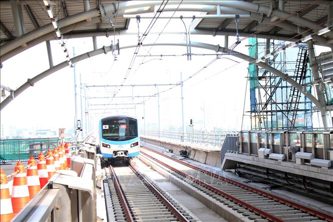 Metro Line No. 1 leaves the Binh Thai station. VNA Photo