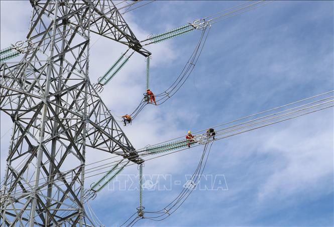 Trong ảnh: Công nhân kỹ thuật của Truyền tải điện Ninh Thuận thực hiện nghiệm thu trụ điện số 206 đường dây 500 kV Nhiệt điện Vân Phong – Nhiệt điện Vĩnh Tân đoạn qua địa bàn xã Phước Đại (huyện Bác Ái, Ninh Thuận). Ảnh: Nguyễn Thành – TTXVN
