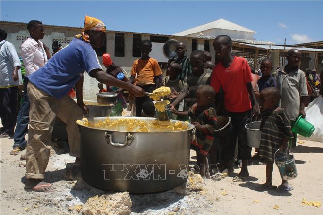 (tư liệu) Trẻ em nhận bữa ăn từ thiện tại Howlwadag, phía nam thủ đô Mogadishu, Somalia. Ảnh: AFP/TTXVN