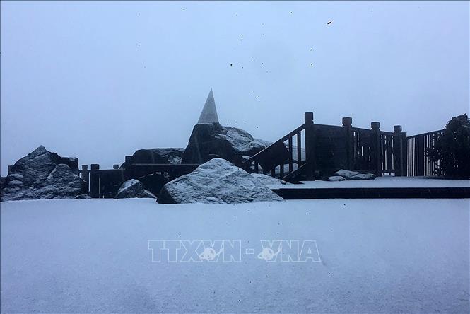 The snow rain lasted about three hours from 5am. Currently, snow is still falling heavily on the top of the 3,143-m mount. VNA Photo: Quốc Khánh