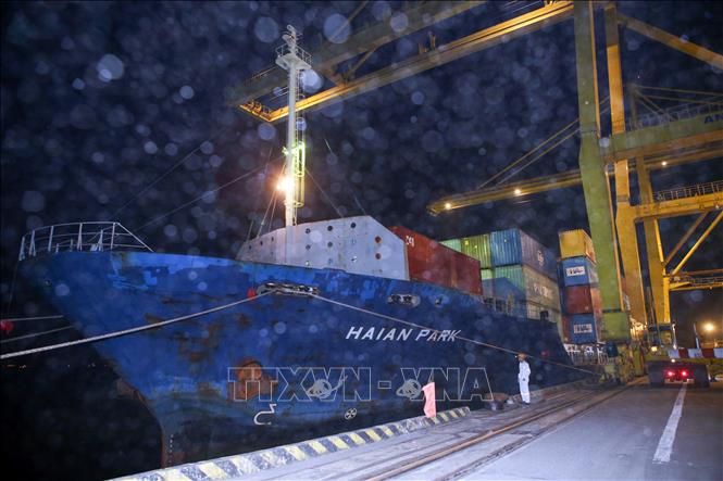 First tonne of cargo to Tien Sa port, which was handled from 12.649 DWT Haian Park of Vietnam and Panama’s 33.577 DWT Ever Optima vessel. VNA Photo: Trần Lê Lâm