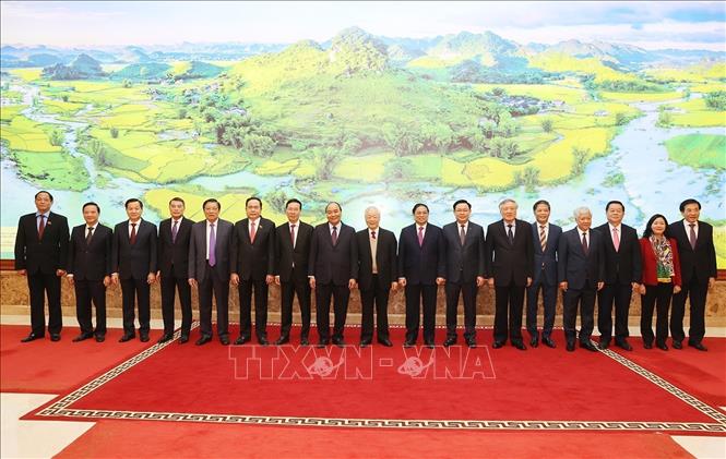 Trong ảnh: Tổng Bí thư Nguyễn Phú Trọng cùng các đồng chí lãnh đạo Đảng, Nhà nước và đại biểu dự hội nghị. Ảnh: Trí Dũng –TTXVN