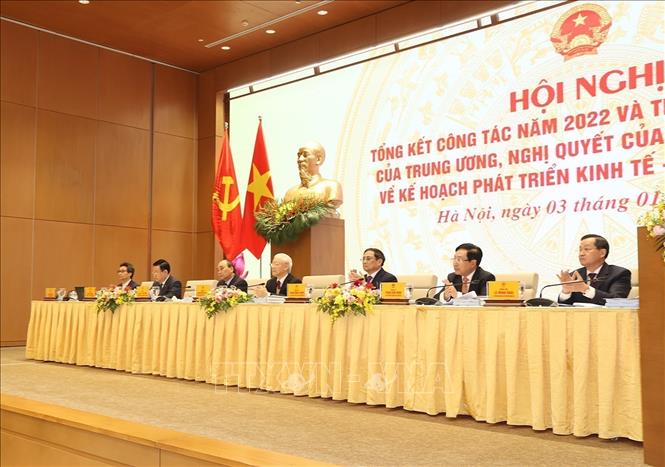 Party General Secretary Nguyen Phu Trong, President Nguyen Xuan Phuc, Prime Minister Pham Minh Chinh, and NA Chairman Vuong Dinh Hue attend the conference. VNA Photo: Trí Dũng