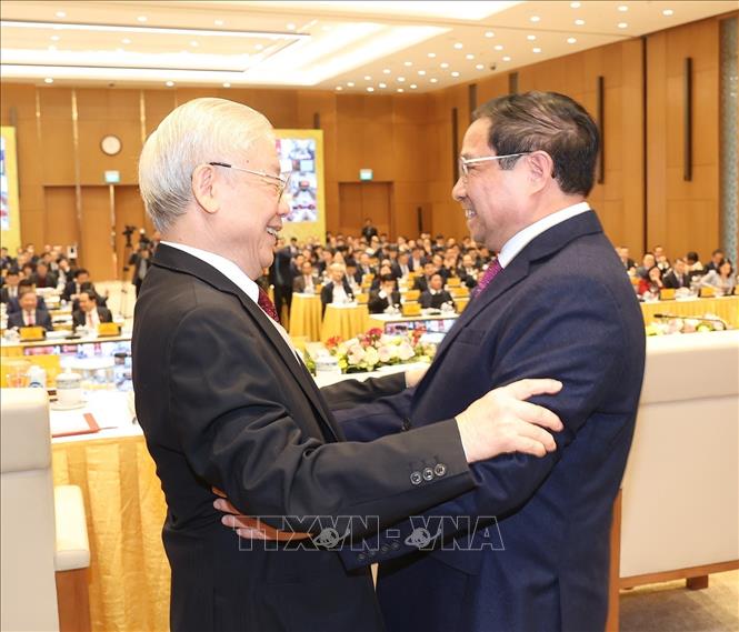Trong ảnh: Tổng Bí thư Nguyễn Phú Trọng và Thủ tướng Chính phủ Phạm Minh Chính tại hội nghị. Ảnh: Trí Dũng –TTXVN