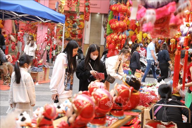 Đa dạng các mặt hàng trang trí tết được bày bán trên phố Hàng Mã. Ảnh: Minh Quyết - TTXVN