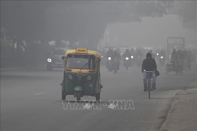 Trong ảnh: Sương mù bao phủ dày đặc tại New Delhi, Ấn Độ, ngày 9/1/2023. Ảnh: AFP/ TTXVN