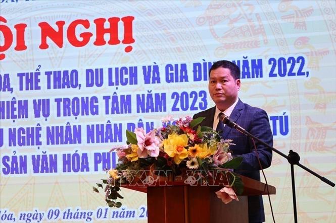 Giám đốc Sở Văn hóa, Thể thao và Du lịch Thanh Hóa Phạm Nguyên Hồng phát biểu tại hội nghị. Ảnh: Hoa Mai - TTXVN