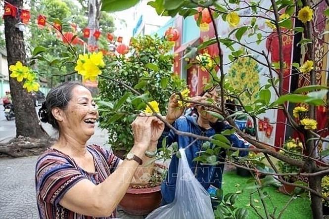 Trong ảnh: Người dân tất bật chỉnh sửa lại những tiểu cảnh của khu phố mình sinh sống. Ảnh: Thu Hương - TTXVN
