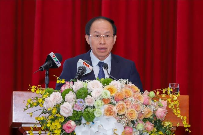 Trong ảnh: Tân Bí thư Thành ủy Hải Phòng Lê Tiến Châu phát biểu nhận nhiệm vụ. Ảnh: TTXVN phát