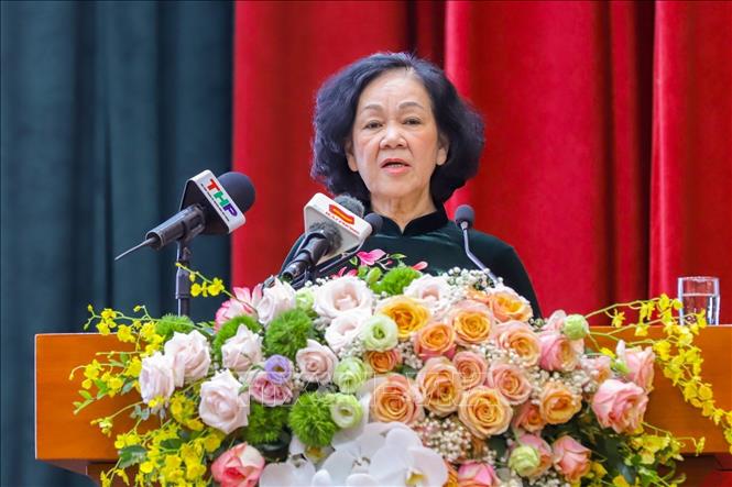 Trong ảnh: Đồng chí Trương Thị Mai, Ủy viên Bộ Chính trị, Bí thư Trung ương Đảng, Trưởng ban Ban Tổ chức Trung ương, phát biểu tại Hội nghị. Ảnh: TTXVN phát
