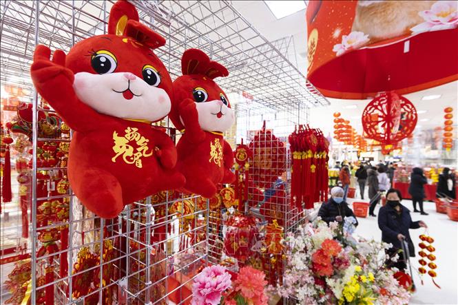 Đồ trang trí đón Tết Nguyên đán được bày bán tại siêu thị ở Toronto, Canada, ngày 22/1/2023. Ảnh: THX/ TTXVN