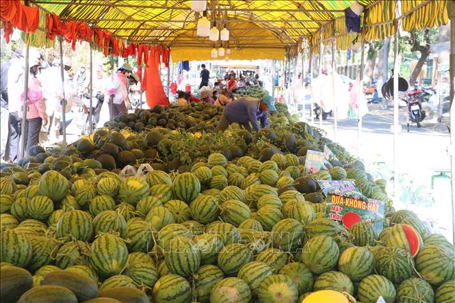 Chợ dưa hấu xuân 2023 tại thành phố Cao Lãnh vắng người mua. Ảnh: Nguyễn Văn Trí-TTXVN
