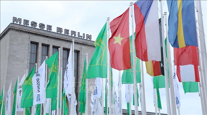 Cờ Việt Nam trước cổng chính Trung tâm triển lãm quốc tế Messe Berlin ngày 21/1/2023. Ảnh: Mạnh Hùng - PV TTXVN tại Đức