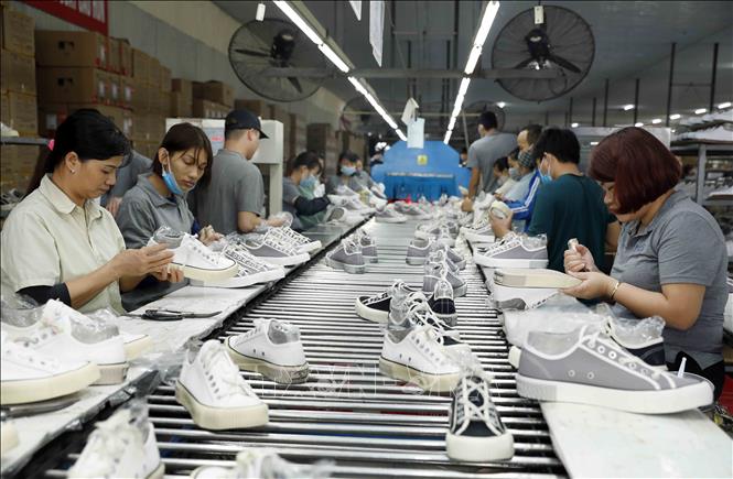 Trong ảnh: Sản xuất giày xuất khẩu sang thị trường EU tại Công ty TNHH Hóa dệt Hà Tây, xã Tân Lập, Đan Phượng, Hà Nội. Ảnh: Trần Việt - TTXVN