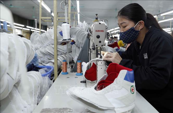 Trong ảnh: Sản xuất giày xuất khẩu sang thị trường EU tại Công ty TNHH Hóa dệt Hà Tây, xã Tân Lập, Đan Phượng, Hà Nội. Ảnh: Trần Việt - TTXVN