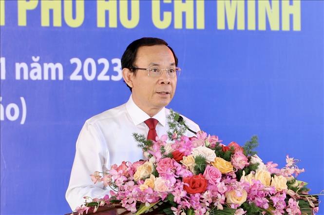 Trong ảnh: Ủy viên Bộ Chính trị, Bí thư Thành ủy Thành phố Hồ Chí Minh Nguyễn Văn Nên phát biểu tại chương trình. Ảnh: Hồng Giang - TTXVN.