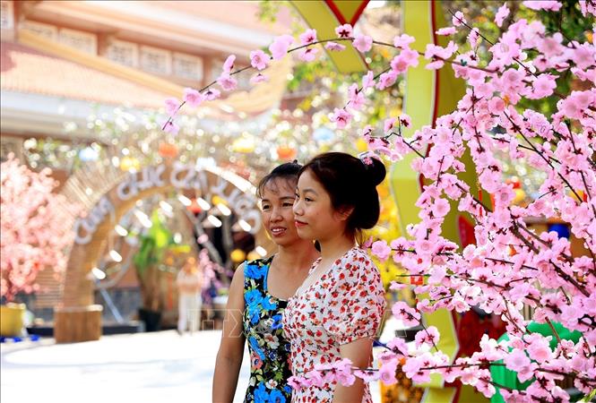 Trong ảnh: Du khách vãn cảnh trong khuôn viên chùa Hoằng Pháp, xã Tân Hiệp, huyện Hóc Môn. Ảnh: Hồng Đạt - TTXVN