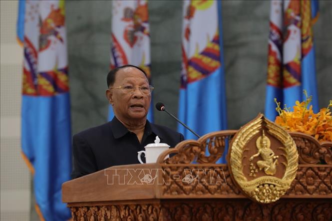 Chủ tịch Danh dự Đảng Nhân dân Campuchia Heng Samrin phát biểu khai mạc Đại hội. Ảnh: AKP