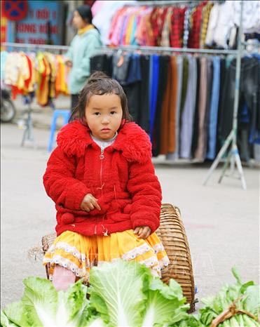 Một em bé theo mẹ đi bán hàng tại chợ phiên Mèo Vạc. Ảnh: Khánh Hòa - TTXVN 