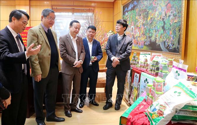 Các đại biểu và các nhà khoa học thăm quan gian trưng bày các sản phẩm phân bón mới của Công ty Cổ phần Supe Phốt phát và Hóa chất Lâm Thao. Ảnh: Trung Kiên - TTXVN