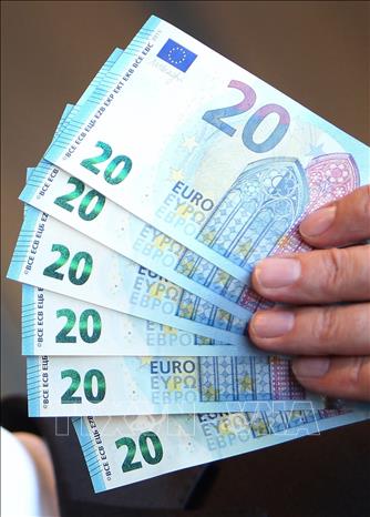 Đồng tiền mệnh giá 20 euro ở Frankfurt am Main, miền Tây Đức. Ảnh: AFP/TTXVN
