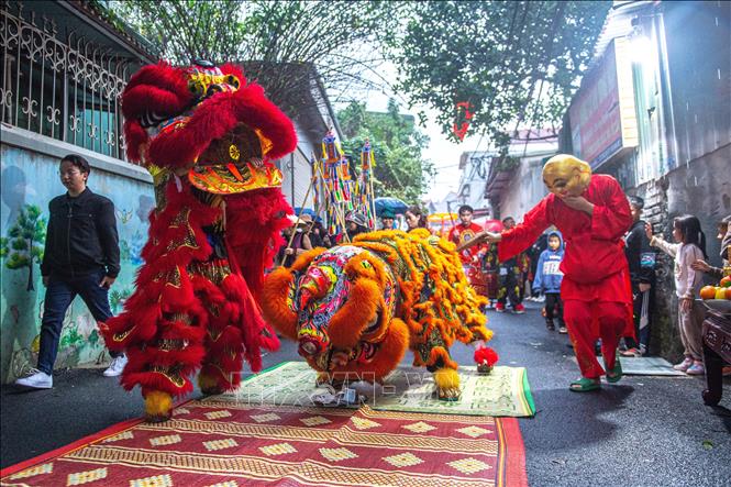 Màn múa lân của các thôn, xóm có đoàn rước lợn. Ảnh: Phạm Tuấn Anh - TTXVN