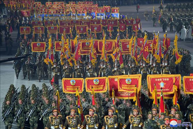 Lễ duyệt binh kỷ niệm 75 năm thành lập Lực lượng Vũ trang Nhân dân (KPA) của Triều Tiên ở thủ đô Bình Nhưỡng ngày 8/2/2023. Ảnh: KCNA/ TTXVN
