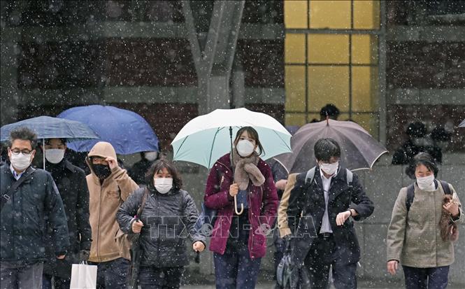 Người dân di chuyển trên đường phố dưới trời tuyết rơi dày đặc tại Tokyo, Nhật Bản, ngày 10/2/2023. Ảnh: Kyodo/ TTXVN