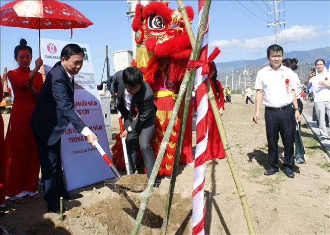Lãnh đạo tỉnh Ninh Thuận và nhà đầu tư trồng cây xanh tại Khu công nghiệp Du Long. Ảnh: Công Thử - TTXVN