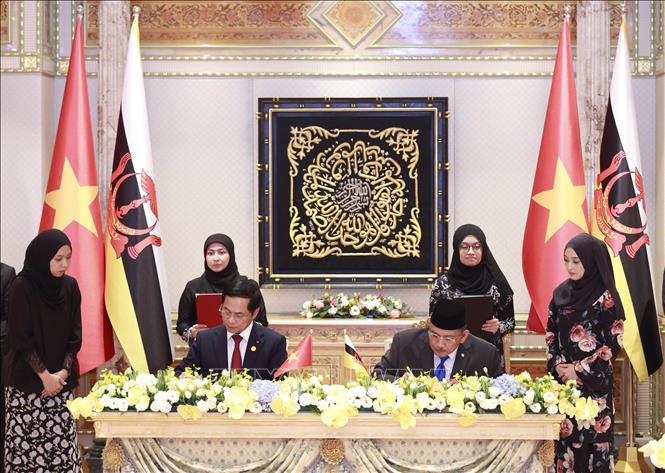 Foreign Minister Bui Thanh Son and Brunei's Second Foreign Minister Erywan Yusof signing documents of cooperation between the two countries. VNA Photo: Dương Giang