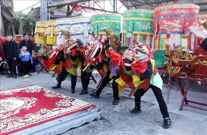 Màn múa sư tử mèo trước cửa đền Kỳ Cùng ngày khai hội. Ảnh: Anh Tuấn – TTXVN