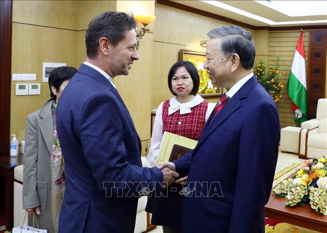 Đại tướng Tô Lâm, Bộ trưởng Bộ Công an tiếp Đại sứ Hungary Baloghdi Tibor. Ảnh: Phạm Kiên - TTXVN