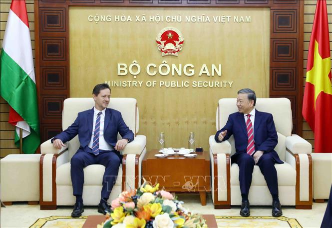 Đại tướng Tô Lâm, Bộ trưởng Bộ Công an tiếp Đại sứ Hungary Baloghdi Tibor. Ảnh: Phạm Kiên - TTXVN