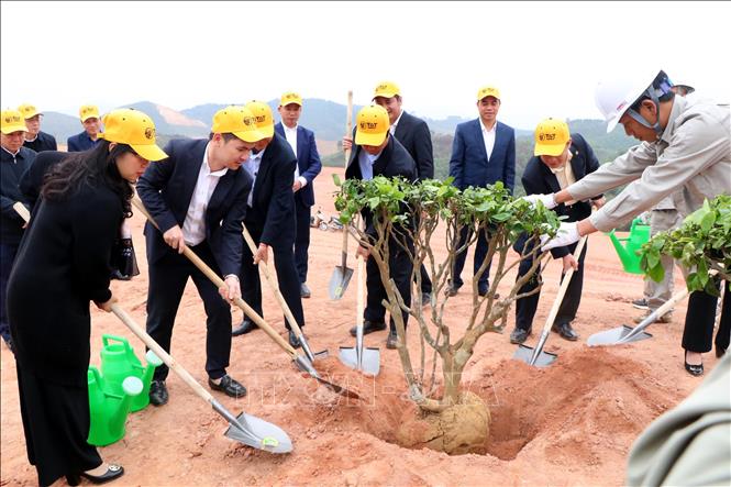 Lãnh đạo tỉnh Phú Thọ và Tập đoàn T&T Group hưởng ứng trồng cây tại sân golf Văn Lang Empire. Ảnh: Trung Kiên - TTXVN