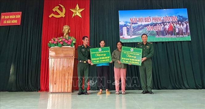 Bộ Chỉ huy Bộ đội Biên phòng tỉnh Kon Tum trao mô hình bò giống sinh sản cho hộ nghèo tại xã Đăk Nông. Ảnh: Khoa Chương - TTXVN