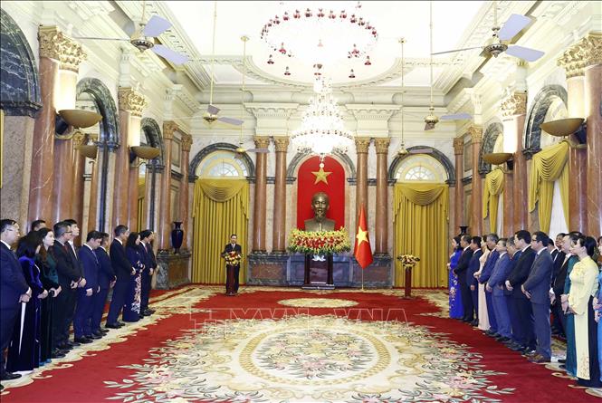 Chủ tịch nước Võ Văn Thưởng phát biểu tại buổi gặp gỡ lãnh đạo, cán bộ, công chức, viên chức, người lao động Văn phòng Chủ tịch nước. Ảnh: Thống Nhất - TTXVN