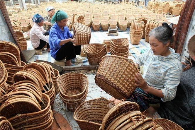 Trong nhiều lĩnh vực, sự có mặt của người phụ nữ là không thể thiếu như ngành dệt, may mặc, du lịch, công nghệ dịch vụ…góp một phần rất lớn vào quá trình phát triển của đất nước. Trong ảnh: Nữ công nhân sản xuất hàng mây tre đan xuất khẩu tại Công ty Mây tre đan xuất khẩu Hiền Lương (huyện Phú Xuyên, Hà Nội). Ảnh: Trần Việt - TTXVN                                                                      