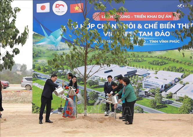 Deputy PM Tran Luu Quang (L) and other delegates plan a tree on the project's land. VNA Photo: Vũ Sinh