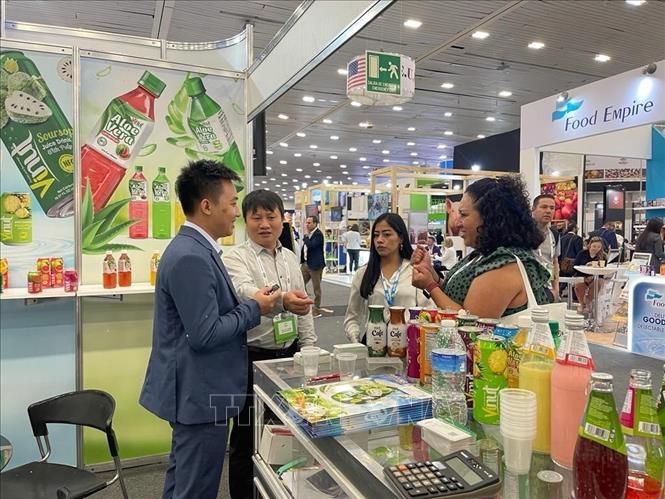 Trong ảnh: Đại diện Thương vụ Việt Nam tại Mexico hỗ trợ doanh nghiệp giới thiệu và quảng bá gian hàng của VINUT tại hội chợ. Ảnh: TTXVN phát