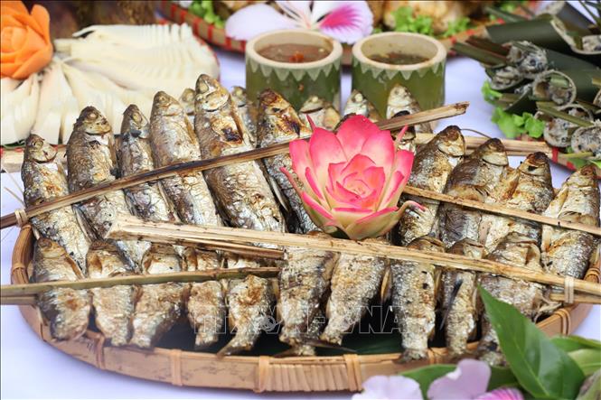 Trong ảnh: Món ăn trong phần thi ẩm thực dân tộc Thái tại Lễ hội “Mùa hoa Ban” thành phố Sơn La năm 2023. Ảnh: Quang Quyết-TTXVN