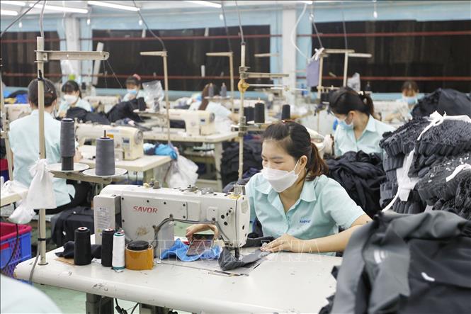 Trong ảnh: Công nhân Công ty TNHH Ampfield trong giờ làm việc luân phiên, giảm giờ làm. Ảnh: Thanh Vũ - TTXVN
