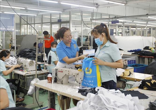 Trong ảnh: Bà Vũ Thể Vân, Chủ tịch Công đoàn các khu Chế xuất, Công nghiệp Tp. Hồ Chí Minh trao quà hỗ trợ cho công nhân Công ty TNHH Ampfield (chuyên may hàng thể thao xuất khẩu sang Pháp) bị giảm giờ làm, giảm thu nhập. Ảnh: Thanh Vũ – TTXVN
