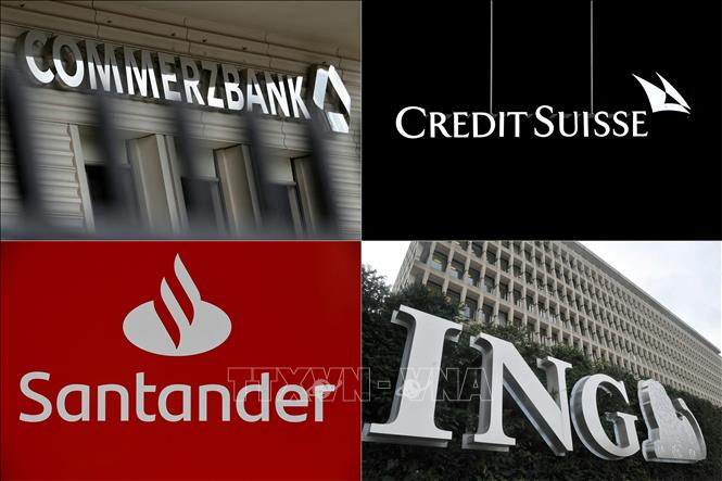 (Ảnh ghép, từ trên xuống, từ trái sang): Logo của các ngân hàng châu Âu: Chi nhánh Ngân hàng thương mại Commerzbank ở Berlin (Đức), Ngân hàng 
